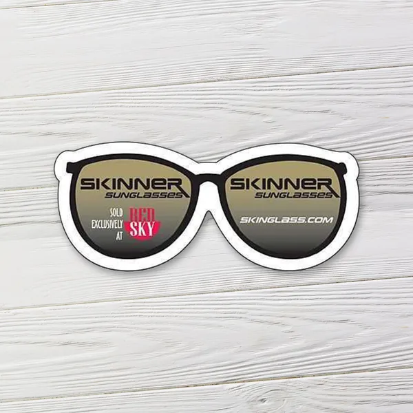 Eyeglasses shaped magnet promotional product, black and tan, 3.25"x1.375