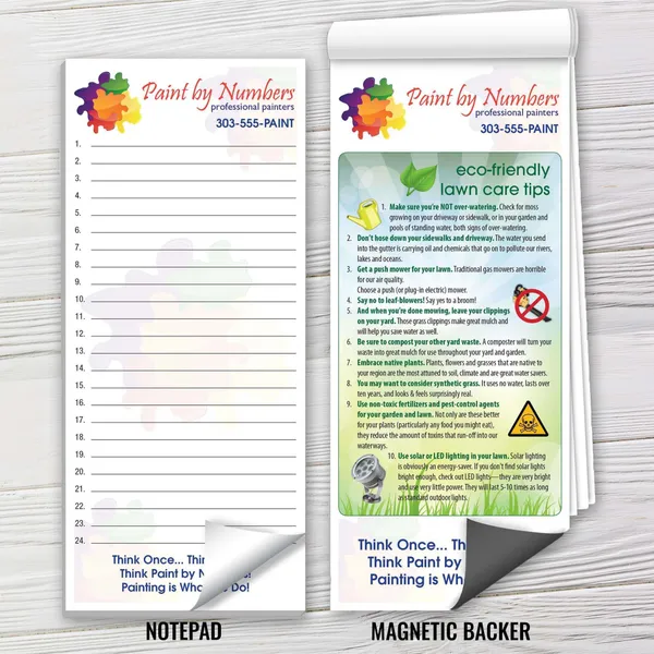 Custom magnetic notepad with eco gardening tips, colorful paint palette design, white background.