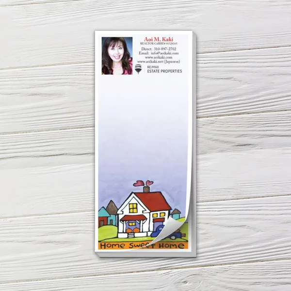 Custom notepad with colorful house design, white background, promotional product for real estate professionals