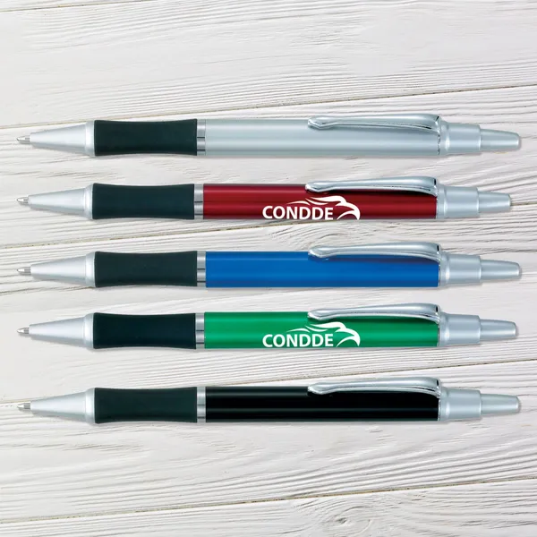 Portland Pen promotional ballpoint pens in silver, red, blue, green and black with grip detail