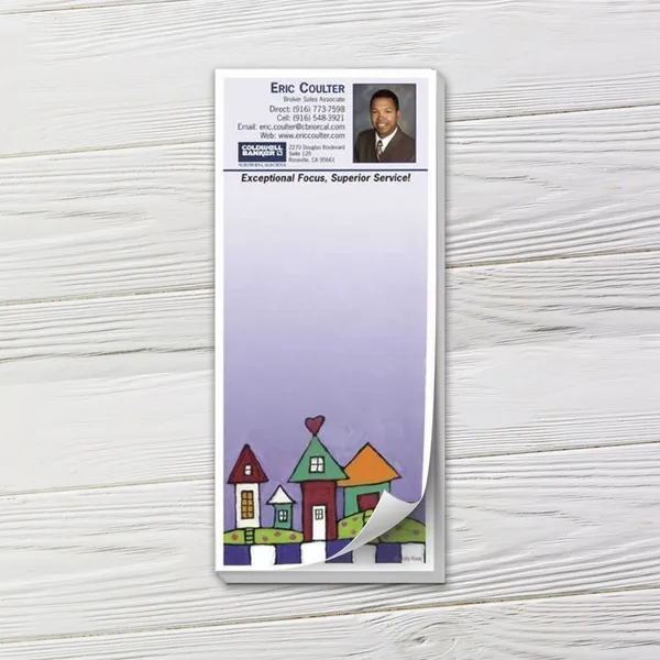 Custom notepad with colorful house illustration, purple gradient background, professional design