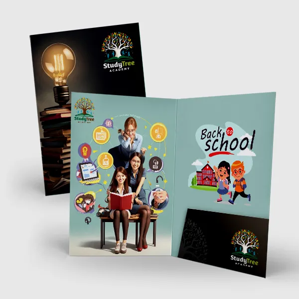 9x14.5 teal and black presentation folder, custom promotional product with light bulb design
