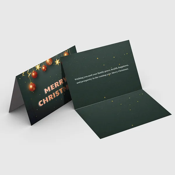 Akuafoil Greeting Cards Green custom greeting cards with gold ornaments and festive text design
