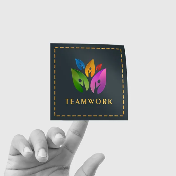 Akuafoil Stickers: Colorful leaf design promotional product on dark background, square format