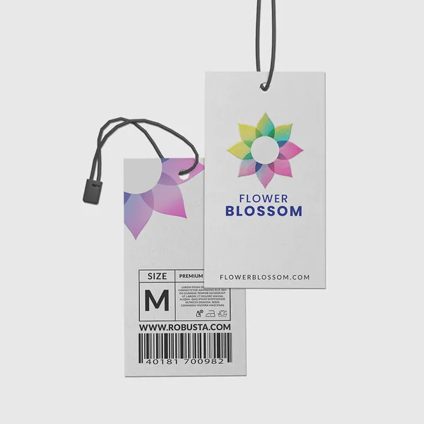 Colorful flower hang tags with purple, pink, yellow and green design, size M promotional product labels