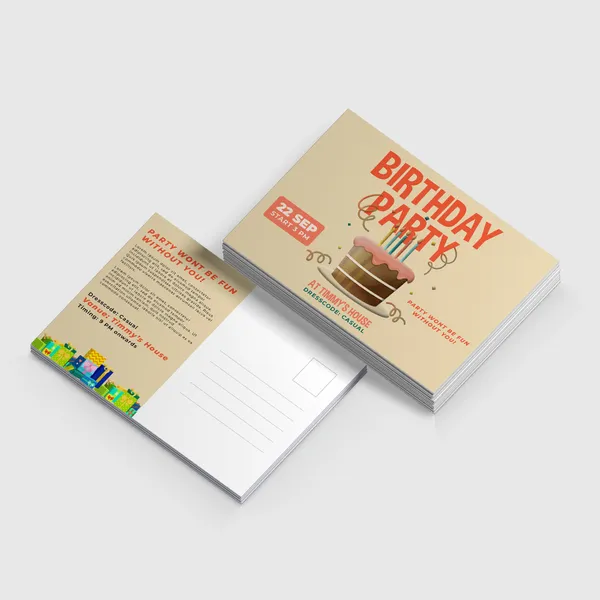 Akuafoil Postcards Cream custom postcards with birthday cake design and colorful border details