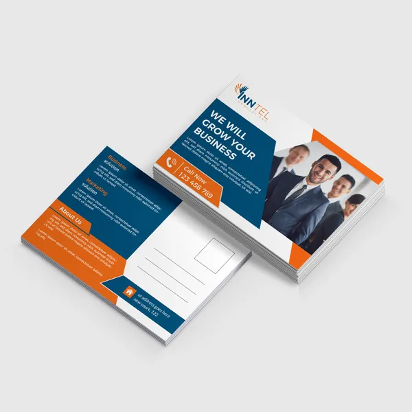 100LB Gloss Cover Postcards in blue and orange promotional product design