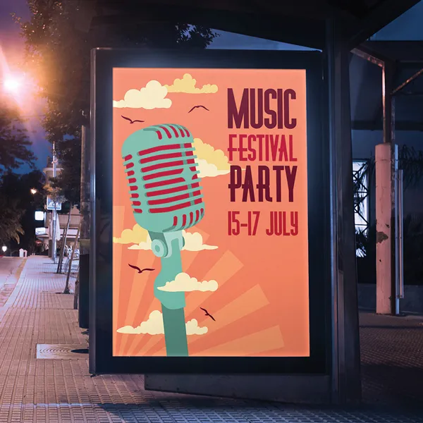 LED Frame Display showing vintage microphone poster with coral, turquoise, and yellow retro design