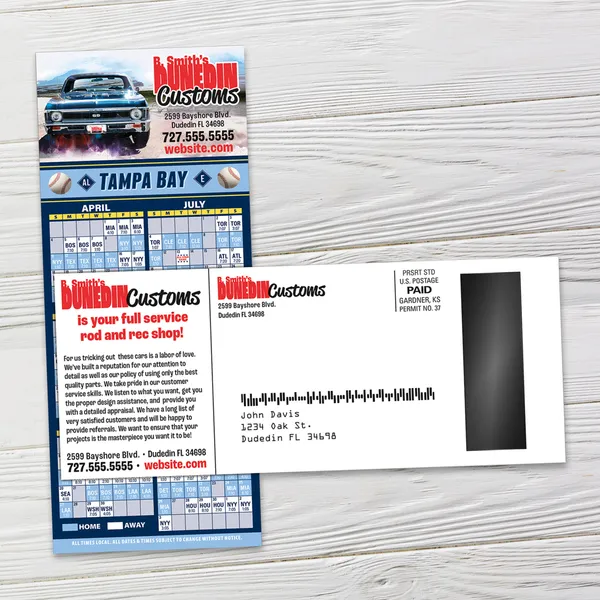 Baseball schedule UV-coated postcard magnet, 3.5x8.5, blue white red custom promotional product