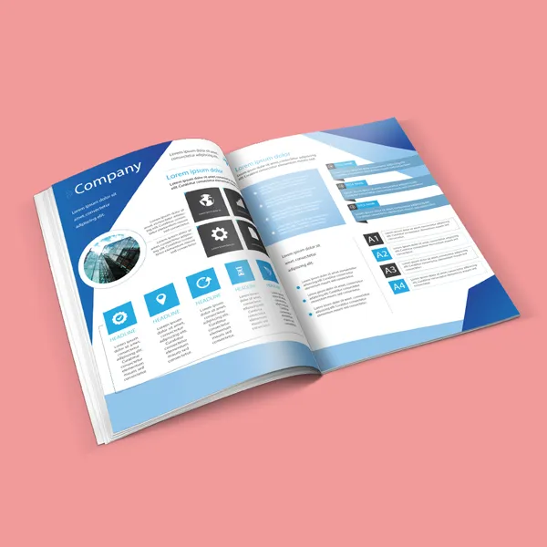 Matte uncoated blue and white custom booklets with professional layout design on pink background