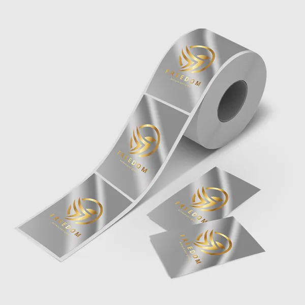 Bright Silver Roll Labels Bright Silver Roll Labels with Gold Text - Custom Promotional Product Stickers