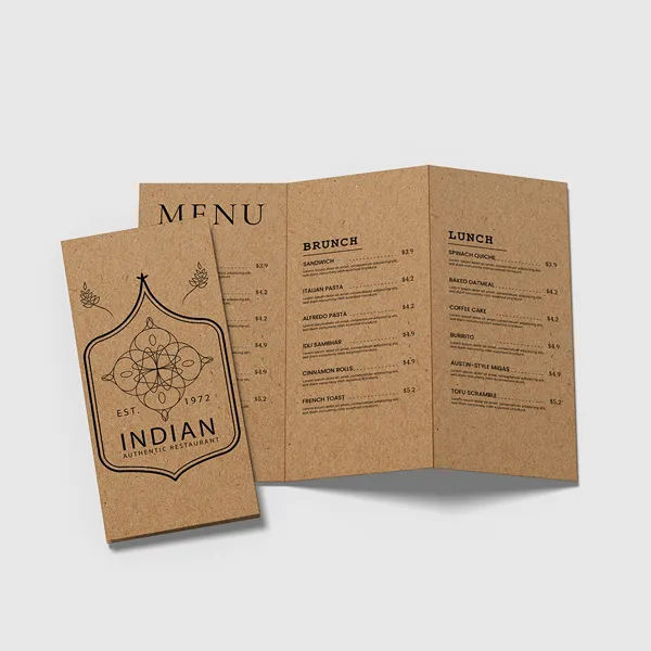 Brown Kraft Menus Brown kraft tri-fold menus, custom printed restaurant promotional product