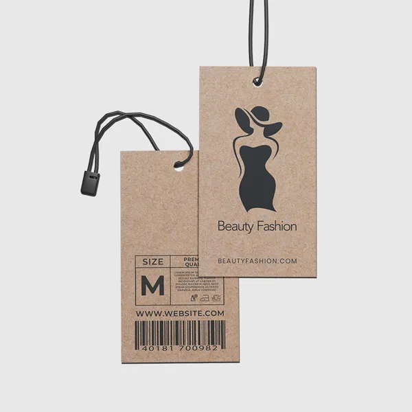 Brown Kraft Hang Tags Brown kraft hang tags with black silhouette design and string attachment, custom promotional product labels.