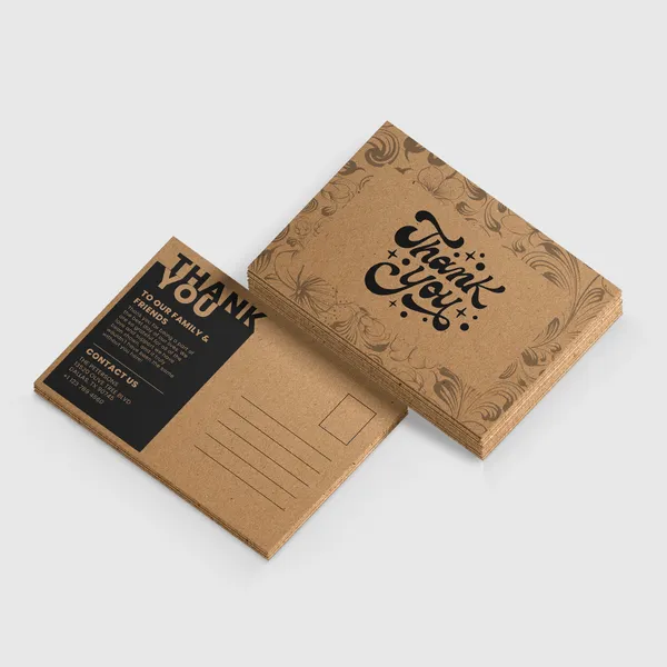 Brown kraft postcards with decorative floral pattern and custom printing design