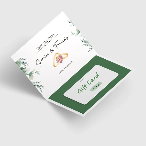 Cards with Gift Card Holder (Slits) Cards Custom greeting cards with green gift card holder slits, white and forest green design with floral accents
