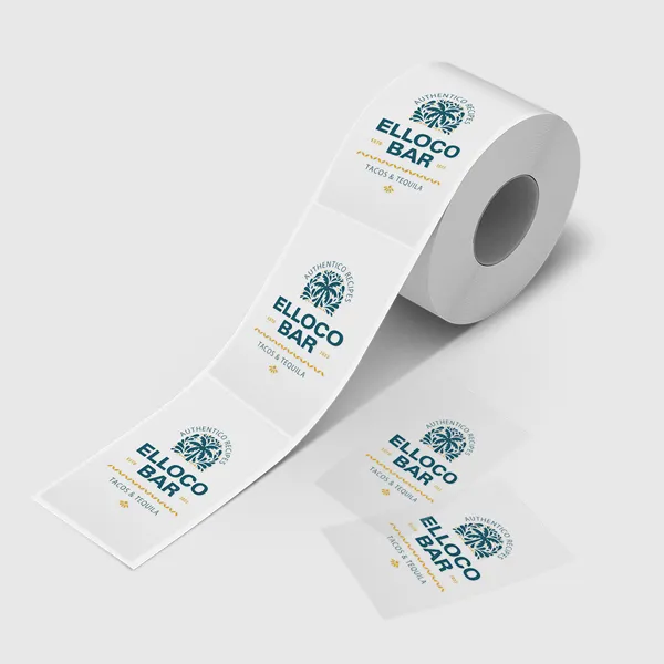 Clear BOPP roll labels with blue and gold branding design, promotional product stickers
