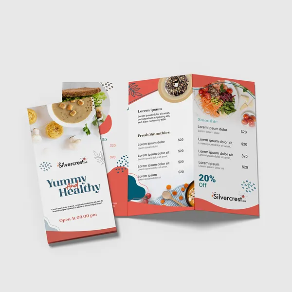 Red and white tri-fold menu design with food photography and pricing layout for custom menus.