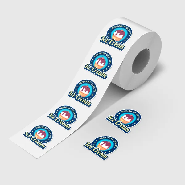 Custom Roll Labels Custom roll labels in blue, white and orange circular design on white adhesive tape