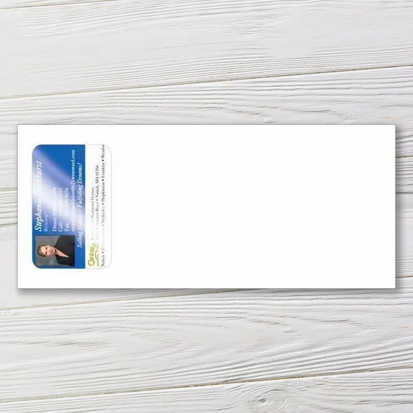 Custom window envelope for 3.5" x 8" notepads, blue and white design