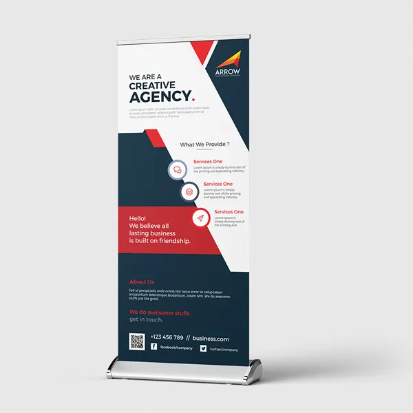 Deluxe retractable banner stand with red, navy, and white color scheme for custom promotional displays