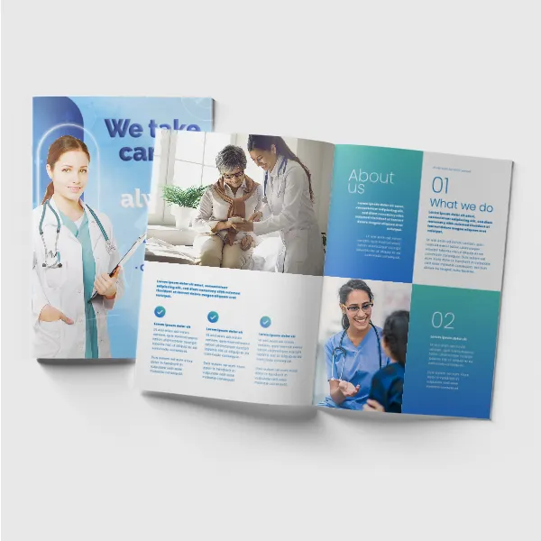 Blue teal medical healthcare tri-fold brochure booklet custom promotional product template design