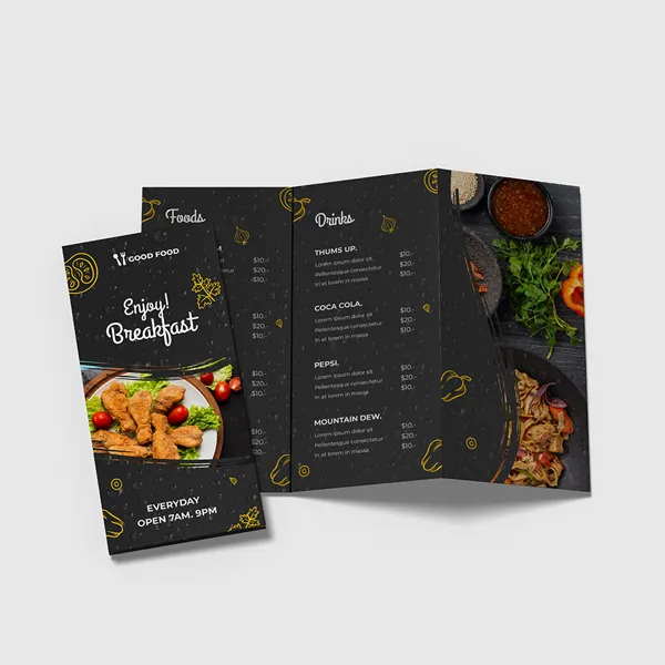 Black tri-fold menu brochure with gold accents and food photography, custom printed promotional product