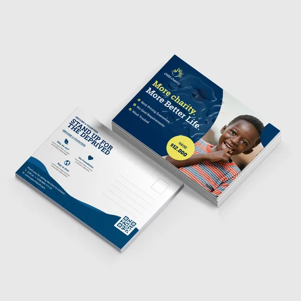 Navy blue and white promotional postcards stack with yellow accent and child photo