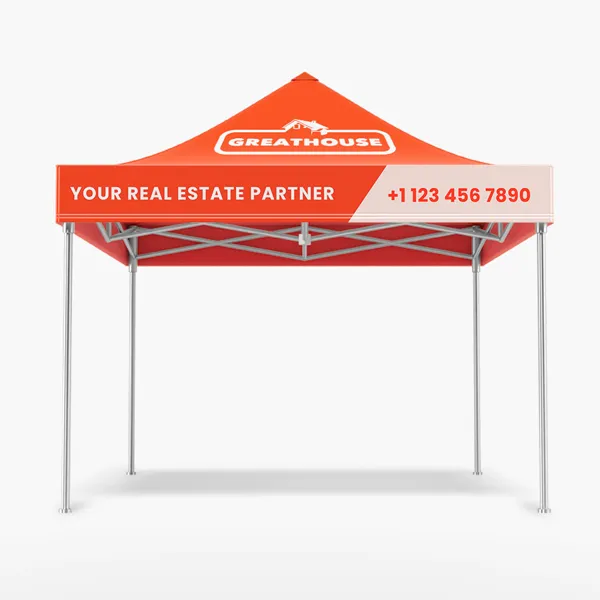 Red promotional event tent with white frame and branding space