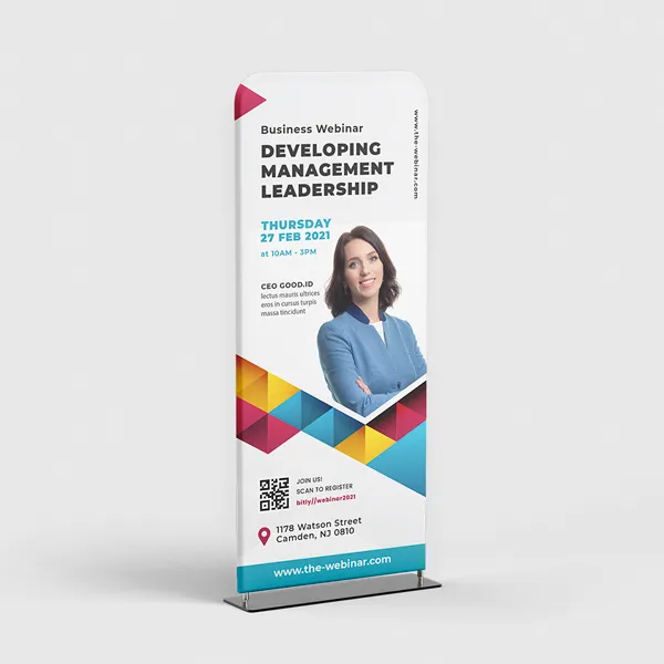 Fabric Tube Display stand with colorful geometric design and professional promotional product layout