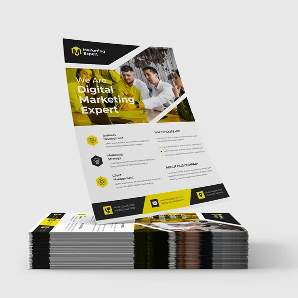 Yellow and black flat flyers and brochures printed promotional product stack display