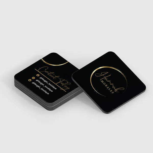Black rounded corner business cards with gold foil design and text, custom notepad style promotional product