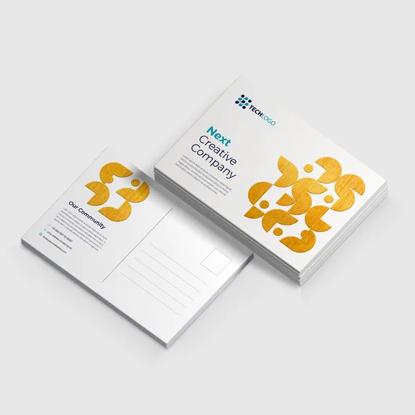 Foil Worx Postcards with gold foil design and teal text on white custom promotional postcards