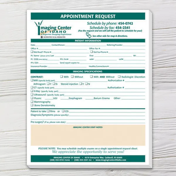 Full Color Custom Form Notepad, 8.5" x 11" Full Color Custom Form Notepad 8.5x11 Teal and White Medical Appointment Request