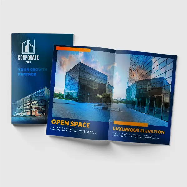 Gloss booklets, blue and orange custom notepad with modern architecture design, tri-fold layout