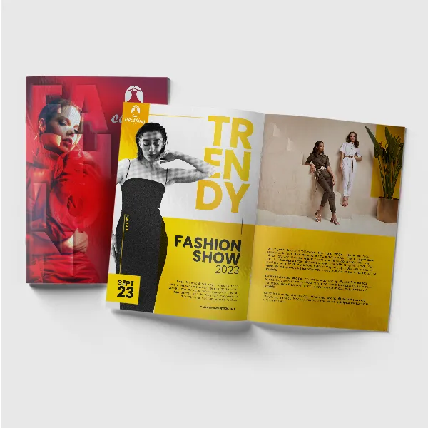 Gloss cover booklet with yellow and red color scheme, custom promotional product sample