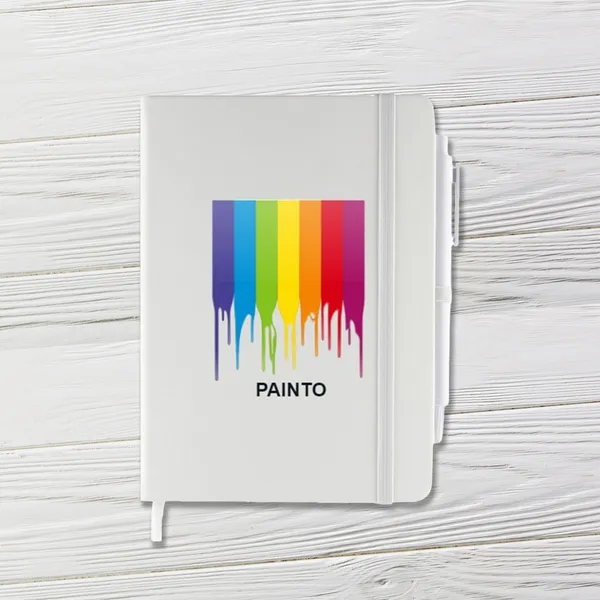 Soft Touch 5" x 7" Journal Notebook with Pen - Full Color Imprint White 5x7 soft touch journal notebook with rainbow gradient imprint, custom notepad with elastic band