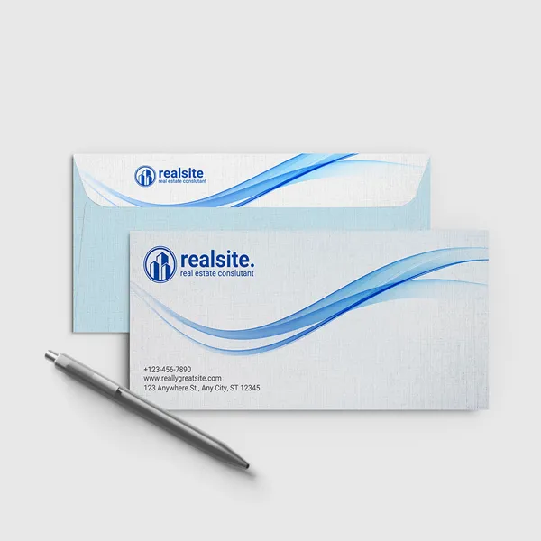 Linen uncoated envelopes with blue wave design, custom promotional product in light blue and white