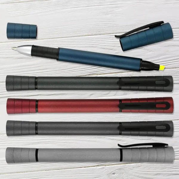 Twilighter Pen & Highlighter promotional product in teal, black, gray, and red with wrapped grip design