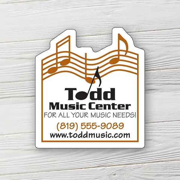 Music-themed shape magnet, 2.25"x2.5", orange and white custom promotional product.