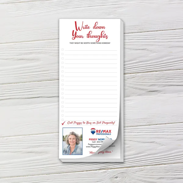 Custom notepad with red and white design, lined pages with checkboxes, promotional product