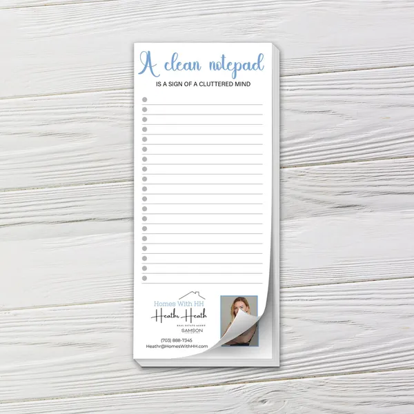 Custom Notepads A Clean Notepad Is A Sign Custom notepad with blue cursive header and bullet points on white background