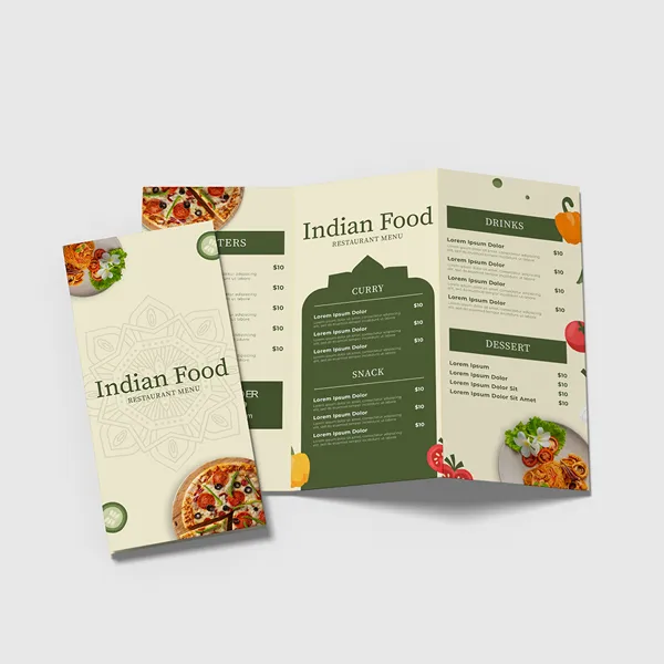 Tri-fold Indian food restaurant menu in cream and green with custom notepad design