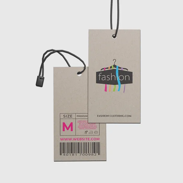 Natural kraft hang tags with colorful hanger design and black string, size M promotional product