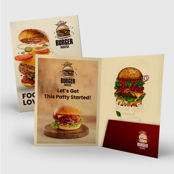 Cream and burgundy custom notepad folder with burger food imagery, tri-fold presentation design