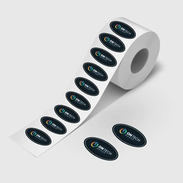 Oval Roll Labels Oval roll labels in white and dark navy with colorful accent, promotional product stickers on dispenser roll