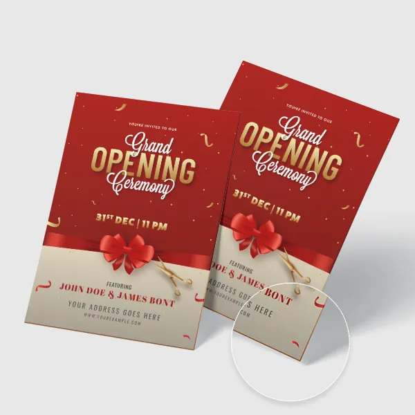 Red and cream grand opening announcement cards with red bow design, custom notepad promotional product