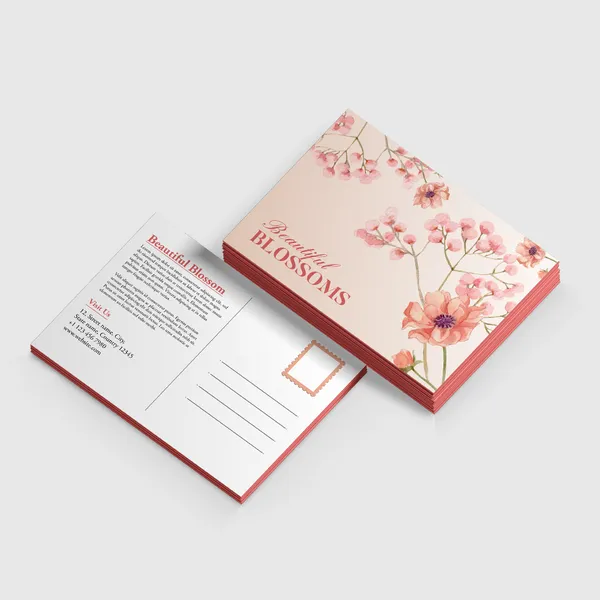 Painted-Edge Postcards Painted Blossoms promotional postcards with pink floral design and red painted edges