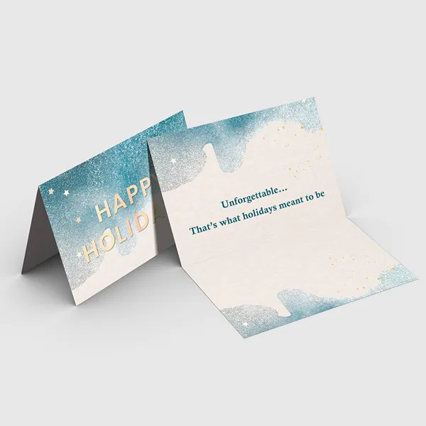 Pearl Greeting Cards with teal watercolor design and gold foil text, custom notepad product