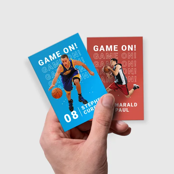 Blue and red custom trading card notepads with athlete photos and "Game On" text design