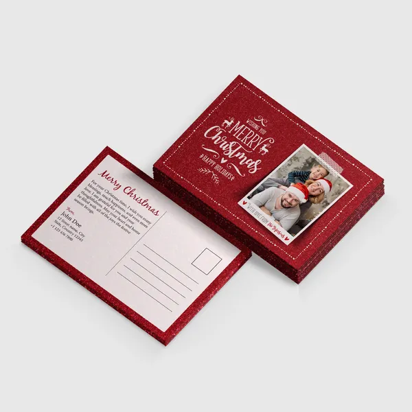 Pearl Postcards Red glitter custom postcards with white text and photo window, front and back view